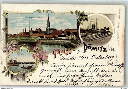 19303 O2802 Dömitz 1898 Lithographie Elbbrücke Hafen - 13643632