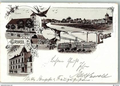 19386 O2860 Lübz 1898 Lithographie Möwe Post Kirche Rathaus Zuckerfabrik... - 13654106