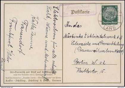 Landpost Frauendorf über FRANKFURT (ODER) LAND 20.4.1935 auf AK Alt-Garmisch