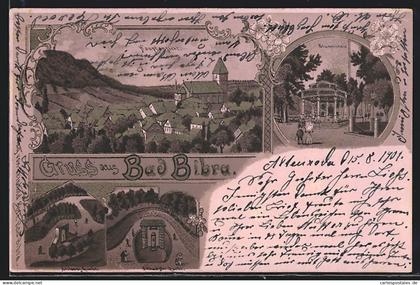 Lithographie Bad Bibra, Heilands-Quelle, Schwester-Quelle, Brunnenhalle, Ortsansicht