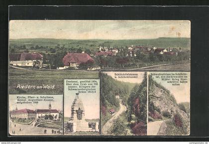 AK Riedern am Wald, Kirche, Pfarr- u. Schulhaus, Schlüchttalstrasse u. Schlüchtertunnek, Denkmal gestiftet 1904
