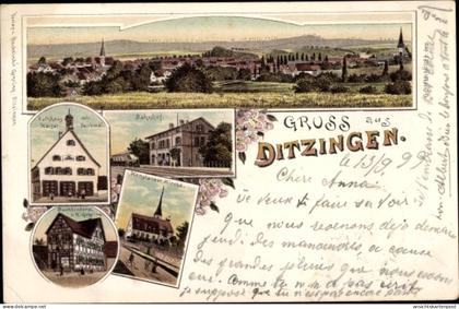 Lithographie Ditzingen in Württemberg, Bahnhof, Konstanzer Kirche, Rathaus, Buchbinderei, Totalansicht