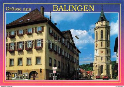 Balingen Rathaus Stadtkirche Kirchturm Marktplatz Blumenschmuck Autos