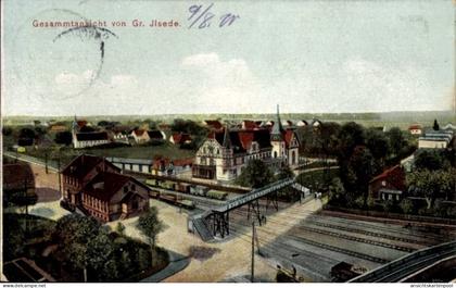 CPA Groß Ilsede in Niedersachsen, Gesamtansicht von Bahnhof mit Bahnsteig, Fußgängerbrücke, Bahng