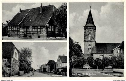 CPA Groß Solschen Ilsede in Niedersachsen, Gasthaus Arnemann, Kirche mit Ehrenmal, Hauptstraße