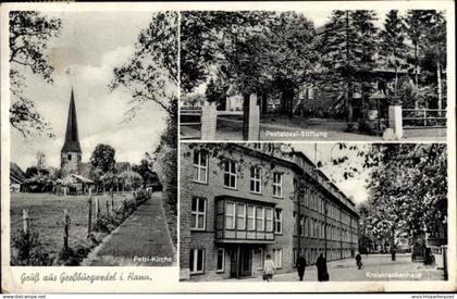 CPA Großburgwedel Burgwedel Niedersachsen, Petrikirche, Kreiskrankenhaus, Pestalozzi Stiftung