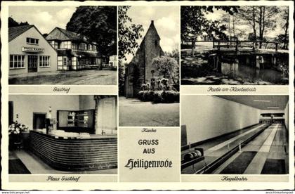 CPA Heiligenrode Stuhr Niedersachsen, Pleus Gasthof, Inh. Georg Meyer, Klosterbach, Kegelbahn, Kirche