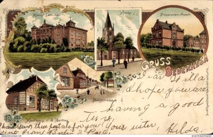 Lithographie Bad Bederkesa Geestland, Kgl. Seminar, Kirche, Präparandenanstalt, Kaufhaus Bartling, Bergstr.