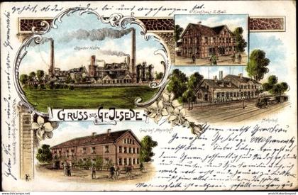 Lithographie Groß Ilsede in Niedersachsen, Bahnhof, Gleisseite, Kaufhaus, Hütte, Gasthof Mayerhoff