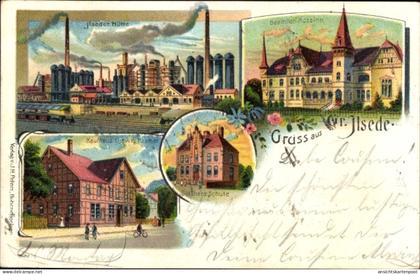 Lithographie Ilsede in Niedersachsen, Hütte, Kaufhaus Ludwig Kramer, Höhere Schule, Beamten Kasino