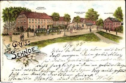 Lithographie Sehnde in Niedersachsen, Gasthaus, Villa, Molkerei, Straßenbahn