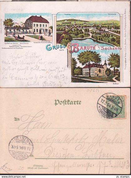 Gruss aus Baruth i. Sachsen, Litho 12.9.1904, Gasthof zur Sonne, Schloss, Schafberg, u. kaum sichtbar 5 mm Riss