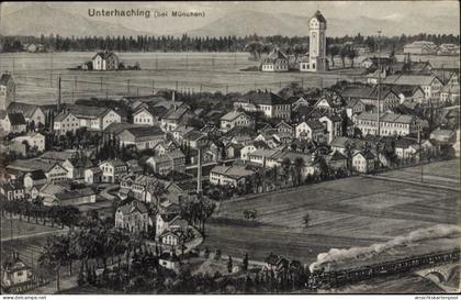 Artiste CPA Unterhaching in Oberbayern, Totalansicht der Ortschaft, Kirche, Dampflok, Felder