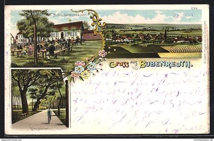 Lithographie Bubenreuth, Malters Gartenrestaurant, Kreuzeichen, Ortsansicht