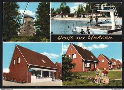 AK Uelsen /Kr. Bentheim, Windmühle, Schwimmbad, Wohnhäuser