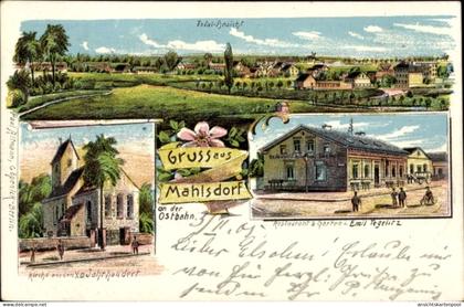 Lithographie Berlin Marzahn Mahlsdorf, Panoramablick, Kirche, Restaurant & Garten, Landschaft