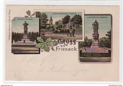 39003376 - Lithographie Gruss aus Friesack mit Krieger-Denkmal, Burg Friesack u. Kirche, Kurfuersten-Denkmal gelaufen m