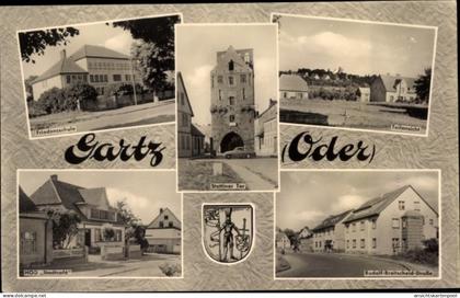 CPA Gartz an der Oder, Friedensschule, Teilansicht, HOG Stadtcafé, Stettiner Tor