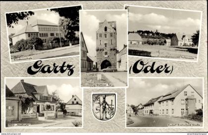 CPA Gartz an der Oder, Stettiner Tor, Friedensschule, HOG Stadtcafe, Blason