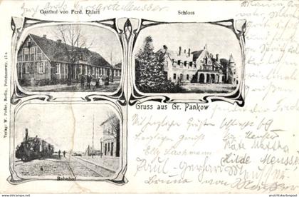 CPA Groß Pankow in der Prignitz, Schloss, Bahnhof, Dampflokomotive, Gasthof Ferd. Ehlart