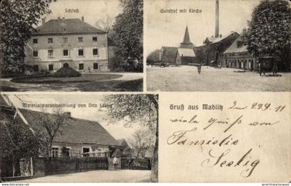 CPA Madlitz Wilmersdorf Briesen in der Mark, Schloss, Gutshof, Kirche, Materialwarenhandlung