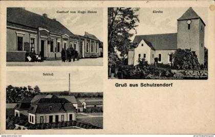 CPA Schulzendorf Sonnenberg in Brandenburg, Gasthof von Hugo Henze, Kirche, Schloß, Gruß aus Schul