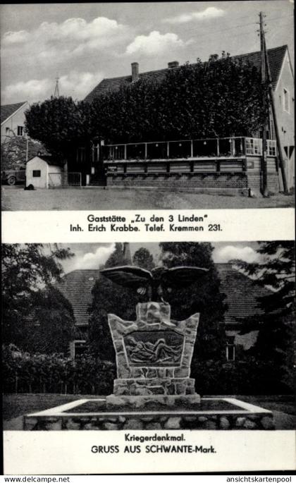 CPA Schwante Oberkrämer in Brandenburg, Kriegerdenkmal, Gaststätte zu den 3 Linden