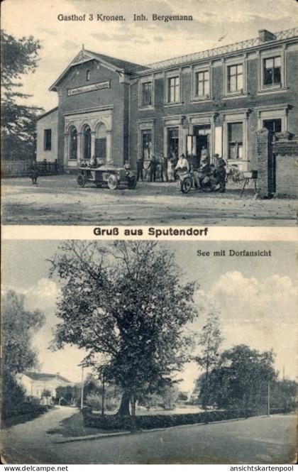 CPA Sputendorf Stahnsdorf in Brandenburg, Gasthof 3 Kronen, Inh. Bergemann, See mit Dorfansicht