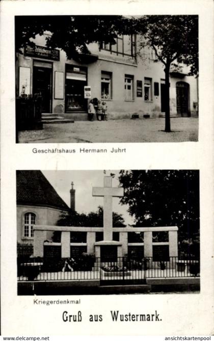 CPA Wustermark im Havelland, Geschäftshaus Hermann Juhrt, Kriegerdenkmal, Gruß aus Wustermark