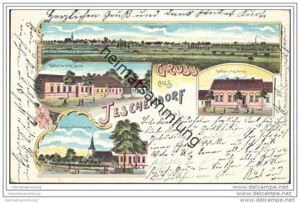 Gruss aus Teschendorf in der Mark - Farblitho. - Gasthof von Wilh. Lemke - Kaufhaus Aug. Lemke