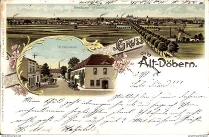 Lithographie Alt Döbern Altdöbern Niederlausitz, Panorama, Marktstraße