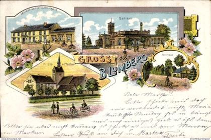 Lithographie Blumberg Ahrensfelde bei Berlin, Schloss, Gasthof zum Deutschen Kaiser, Kirche, Forsthaus