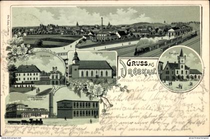 Lithographie Drebkau in der Niederlausitz, Bahnhof, Gleisseite, Rathaus, Kirche, Grube Volldampf, Schloss