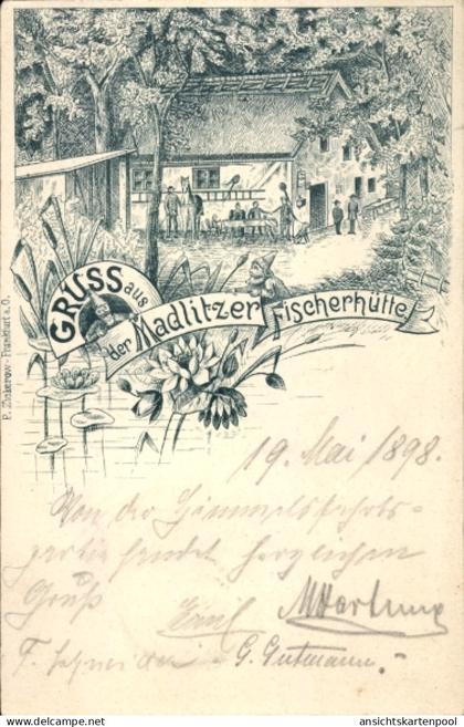 Lithographie Madlitz Wilmersdorf Briesen in der Mark, Madlitzer Fischerhütte