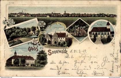 Lithographie Sonnewalde in der Niederlausitz, Gesamtansicht, Schloss, Kirche