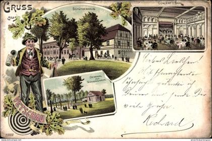 Lithographie Vetschau im Spreewald, Denkmal mit Schießhaus, Innenansicht, Schützenhaus