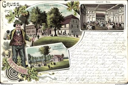 Lithographie Vetschau im Spreewald, Denkmal, Schießhaus, Schützenhaus, Konzertsaal