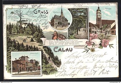 Lithographie Calau, Rathaus, Bahnhof, Kirche