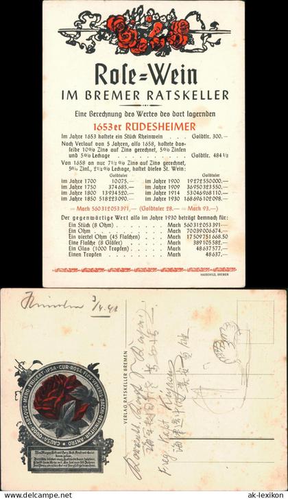 Ansichtskarte Bremen Ratskeller Bremen Rose Weine Preisentwicklung 1941