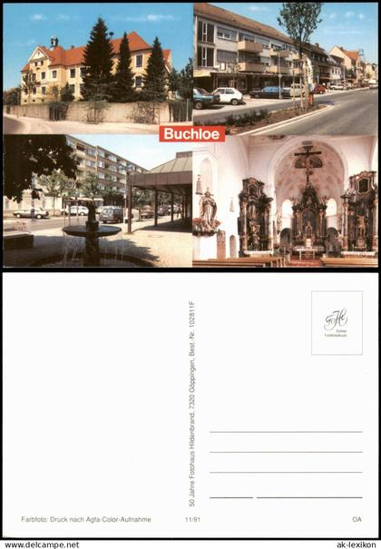 Ansichtskarte Buchloe Mehrbildkarte mit 3 Ortsansichten, Kirche Autos 1975