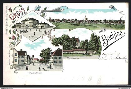 Lithographie Buchloe, Bahnhof, Marktstrasse, Kellergarten