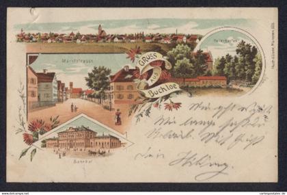 Lithographie Buchloe, Gasthaus Kellergarten, Bahnhof, Marktstrasse