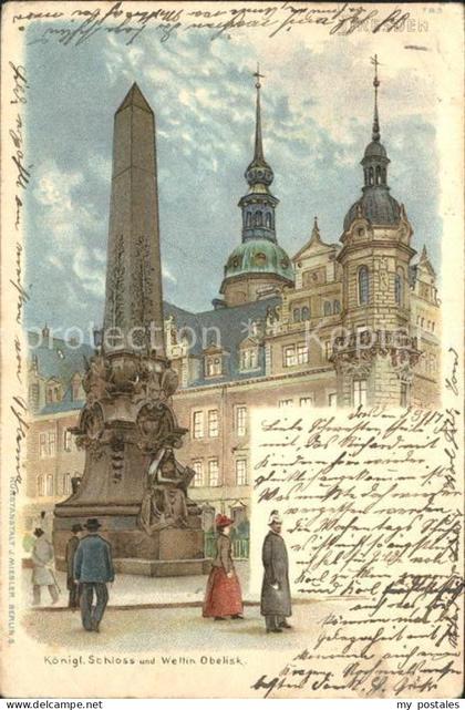 DRESDEN Elbe Koenigliches Schloss Wettin Obelisk Litho