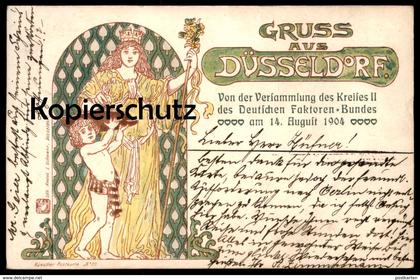 ALTE POSTKARTE JUGENDSTIL KÜNSTLER POSTKARTE DÜSSELDORF 1904 VERSAMMLUNG DEUTSCHER FAKTOREN BUND Ansichtskarte postcard