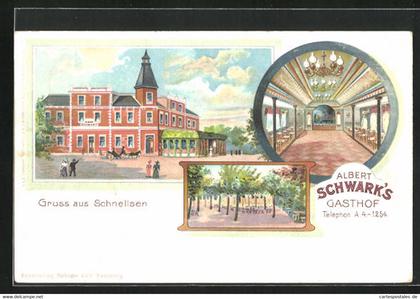 Lithographie Schnelsen, Albert Schwark`s Gasthof, Festsaal, Gartencafé