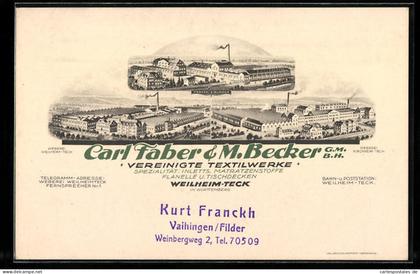 Künstler-AK Weilheim-Teck in Württemberg, Carl Faber & M. Becker GmbH Vereinigte Textilwerke, Weberei Eislingen