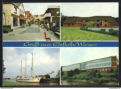 AK Elsfleth, Strassenpartie, Hausansicht, Segelschiff auf der Weser