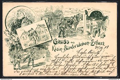 Lithographie Erfurt, Klein-Bindersleben, Ländliche und lustige Szenen