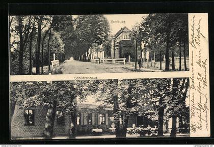 AK Fehrbellin, Schleuse mit Allee und Gasthaus Schützenhaus mit Gästen