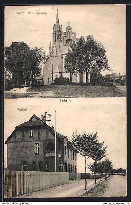 AK Fehrbellin, Strassenpartie am Postamt, Kirche mit Umgebung